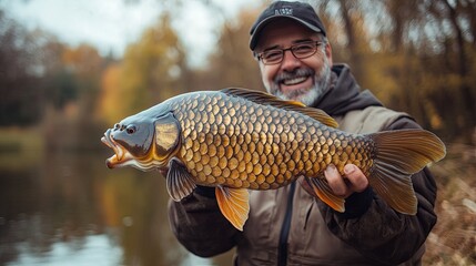 Happy Mature Fisherman Holding a Fish Outdoors