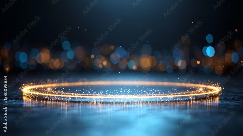 Poster blue and orange circle with a lot of sparkles in it. the circle is surrounded by a blue background