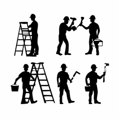 Silhouettes of construction workers performing various tasks with tools and equipment
