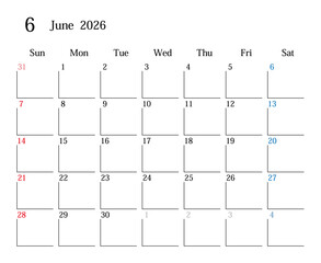 2026年6月、日本のカレンダー