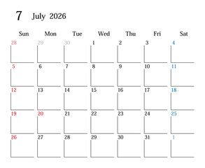 2026年7月、日本のカレンダー