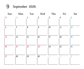 2026年9月、日本のカレンダー