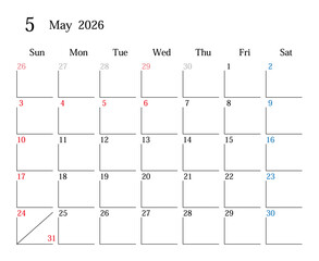 2026年5月、日本のカレンダー