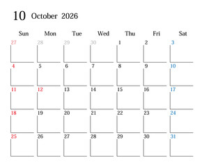 2026年10月、日本のカレンダー