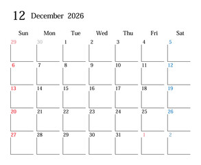 2026年12月、日本のカレンダー