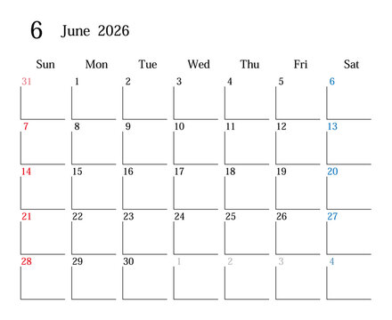 2026年6月、日本のカレンダー