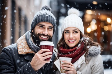 A happy, smiling couple is holding a cup of coffee outside during winter.