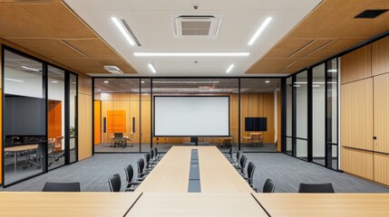 Modern conference room with long table, glass partitions, and wooden accents