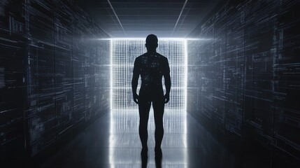 Fototapeta premium Silhouette of a person in a futuristic corridor with glowing portal