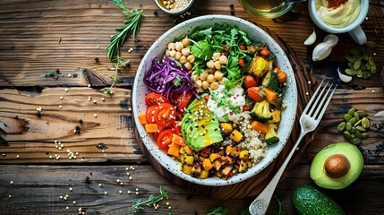 Nutritious Buddha Bowl Food Photography on Dark Background. Vibrant healthy meal with fresh ingredients perfect for diet programs, vegan restaurant menus and organic product packaging designs
