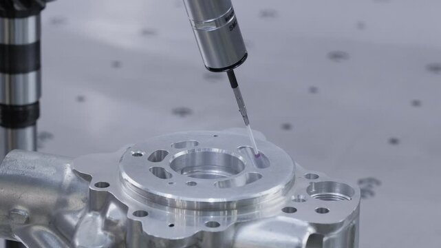 Quality control on milling metal CNC machine, coordinate measuring machine tests a metal detailt, CMM Quality control machine, technology concept