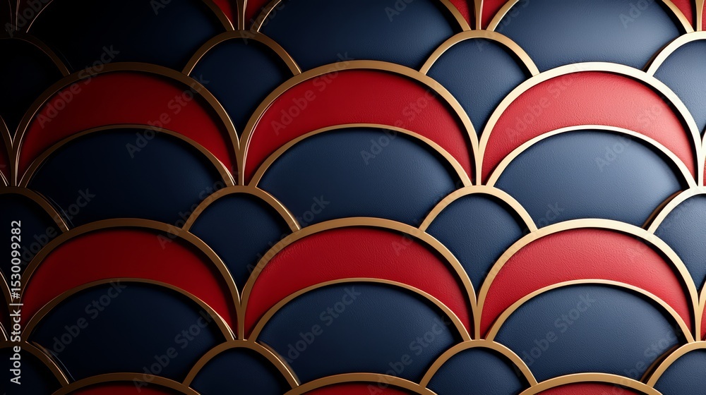 Aufkleber blue and red patterned wall with gold accents. the pattern is made up of circles and the colors are 