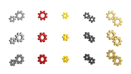 Set of 3D gear symbol objects in gold, red, silver, yellow and black. About cog, machinery, systems, maintenance and hardware. Graphic element. PNG file. 3D Illustration.
