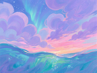 Dreamlike pastel sunset over ocean waves aurora borealis
