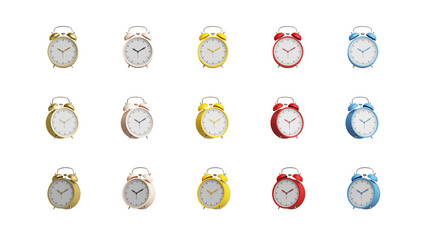 Set of 3D analog alarm clock objects in gold, red, blue, yellow and cream. Small alarm clocks with multiple camera angles. Graphic element. PNG file. 3D Illustration.