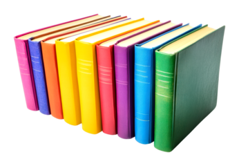 Colorful hardcover books stacked on display library setting educational content isolated on transparent background