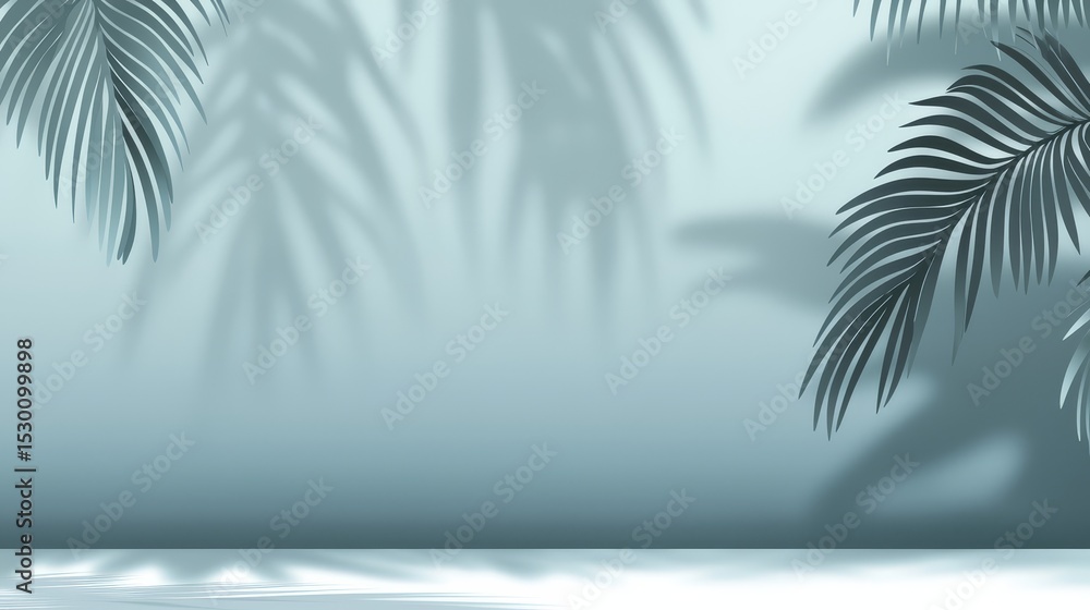 Aufkleber Blue background with a palm tree and its shadow. The shadow is on the wall and the palm tree is on the right side of the image