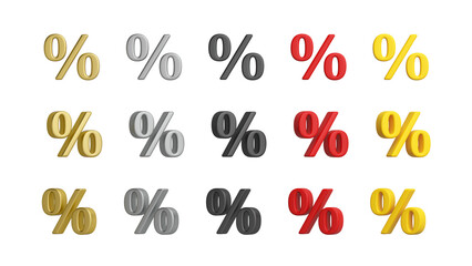 Set of 3D Percent Signs Objects in Gold, Red, Silver, Yellow and Black. concept Interest Rates, Discount Price, Finance, Currency Exchange. PNG file. 3D Illustration.