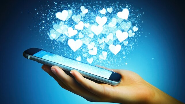 Hand holding phone with hearts appearing