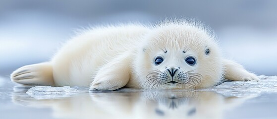 A cute baby seal resting on ice. AI.