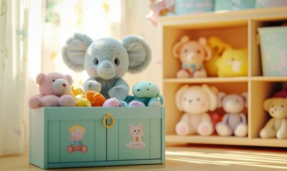 Colorful toys in a light-filled room. AI.