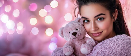 A young woman holding a toy bear. AI.