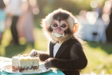 Cute monkey eating cake. AI.