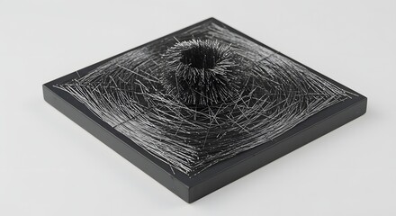 Abstract Square Art Piece with a Central Mound and Mysterious Metallic Thread-like Strands