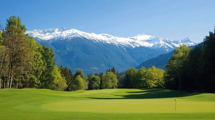 Mountain course golf hole with tree-lined fairway and snow-capped peaks in the background