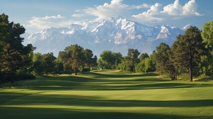 Mountain course golf hole with tree-lined fairway and snow-capped peaks in the background