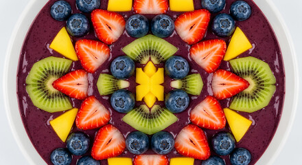 Top view of acai bowl with perfectly symmetrical fruit layout including kiwi, strawberry, and mango.