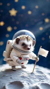 Cute Hedgehog Astronaut on Moon Holding Flag
