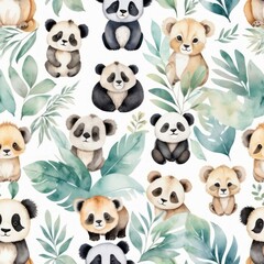 Obraz premium Adorable Watercolor Pandas and Lion Cubs Seamless Pattern