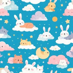 Adorable Sleeping Animals on Clouds Seamless Pattern Design