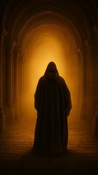Hooded Figure Walking Through Lit Temple Hallway &ndash; Mystical Journey Theme