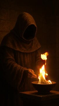 Mystical Faceless Monk with Fire &ndash; Sacred Ritual and Occult Atmosphere