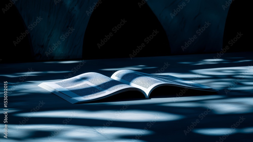 Aufkleber religious book is open on a table, with a shadow cast on the table from the sunlight. the book is a 