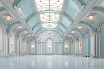 Naklejka premium Elegant arched architecture in a light-filled space, showcasing classical design, marble floors, and a serene atmosphere with an atrium roof.