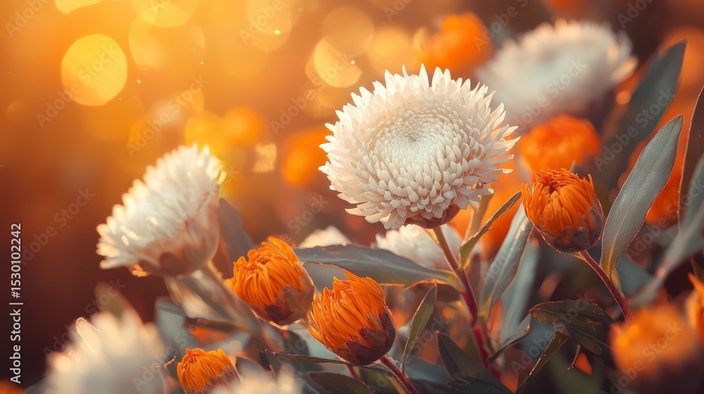 Poster bouquet of white and orange flowers with a bright sun in the background. the flowers are arranged in