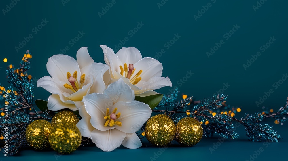 Poster bouquet of white flowers sits on a blue background with gold and green decorations. the flowers are 