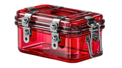 Crimson Sentinel: A sleek, transparent red container with sturdy metal clasps. Its design suggests a modern take on protection and preservation. 