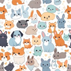 Adorable Cartoon Animals Seamless Pattern Cute Cats, Dogs, and Rabbits