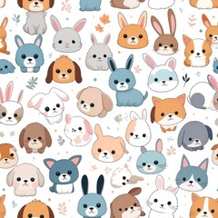 Adorable Cartoon Dogs and Rabbits Seamless Pattern Cute Animal Illustration