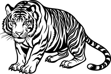tiger vector illustration. A tiger crouching in a hunting pose, isolated on a white background