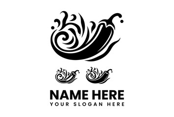 Modern black vector chili pepper logo with dynamic swirling lines representing spice and heat