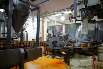 Industrial food processing line operates in a factory setting during daytime hours