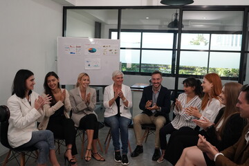 Team brainstorming session in a modern office with diverse participants
