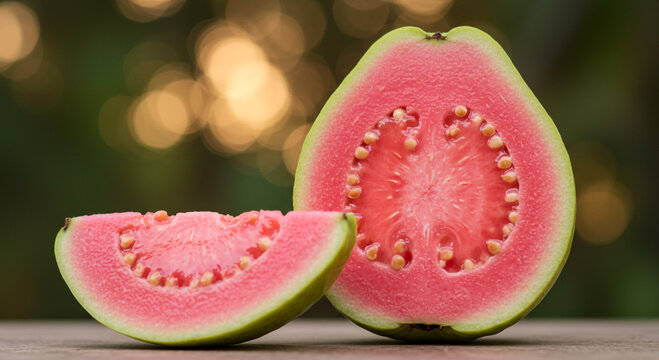 Close up of a sliced guava with a green rind and pink flesh on a wooden surface with bokeh lights