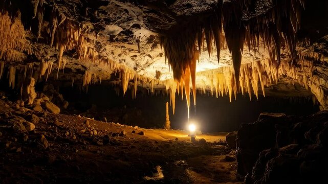 Illuminated cave system interior featuring rock formations and hanging stalactites formations, creating an exploration adventure scene.