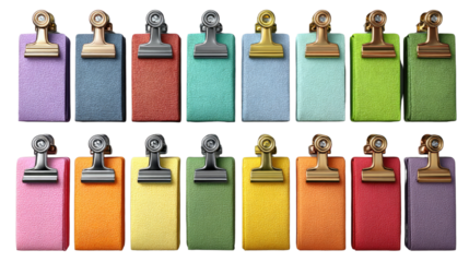 Colorful clipboards arranged: A vibrant assortment of blank clipboards, each a different hue, provides a visually appealing display with an air of organized readiness.
